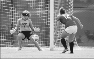 Brittany Cirnigliaro, a freshman from Hudson, Florida, kicks for goal against Southwest Baptist University in home game on Friday.
